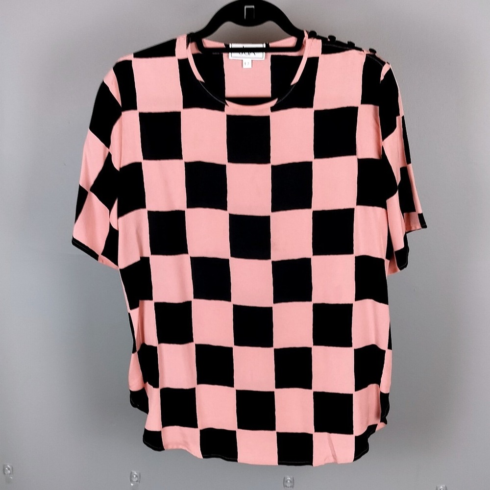 Vintage Jax Silk Checkerboard Shoulder Button Blouse Pink Black Womens 12